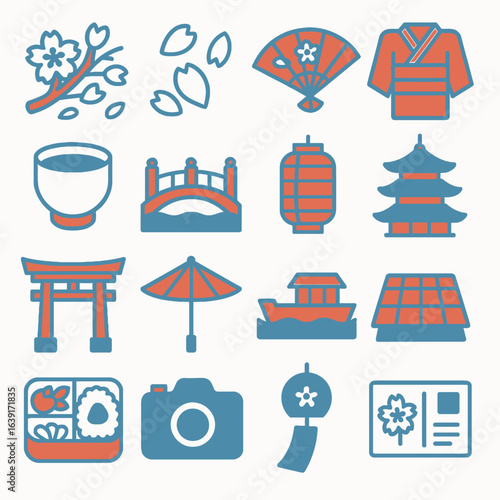 Japan icons depict culture travel symbols elements illustration