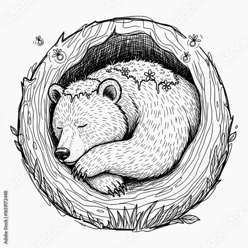 Line art illustration of a sleeping bear curled inside a tree hollow with bees and floral garland, for children’s book or educational design.