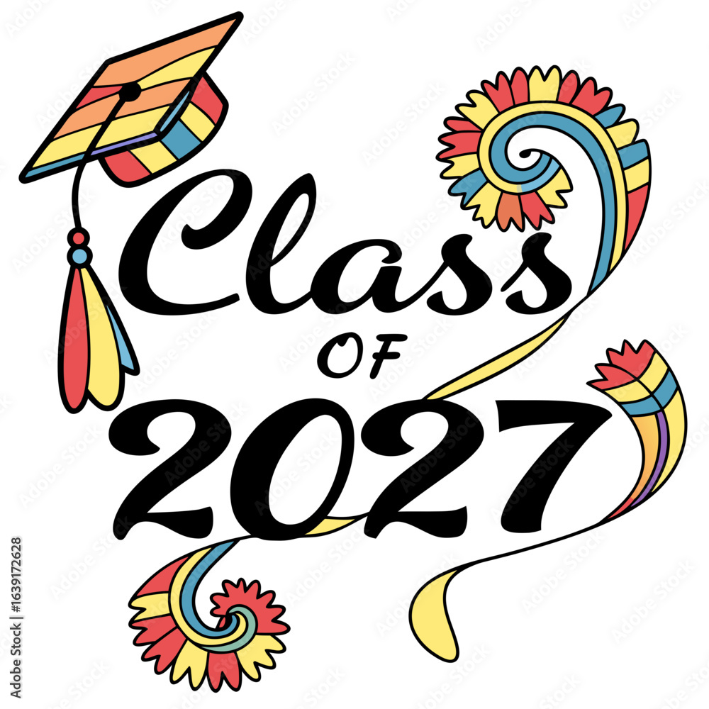 Fototapeta premium Class of 2027 graduation cap and colorful decorative elements
