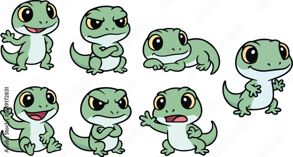 Obraz premium vector illustration of gecko lizard reptile funny cute cartoon mascot character cartoon with 7 poses 02