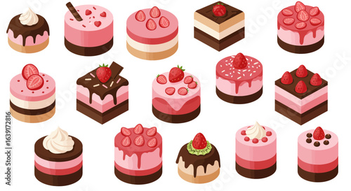 Assorted Isometric Cakes with Strawberries, Chocolate, and Cream Toppings