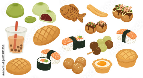 Assorted Japanese Street Food: Mochi, Taiyaki, Takoyaki, Sushi, Dango, and Melon Pan