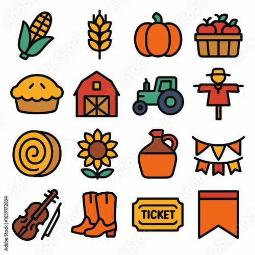 Farm icons illustrate harvest autumn fairground vector style