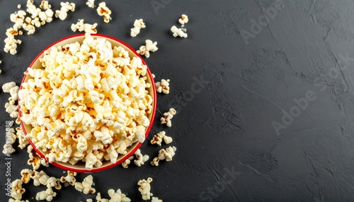 Popcorn in a red bowl on a dark surface.
