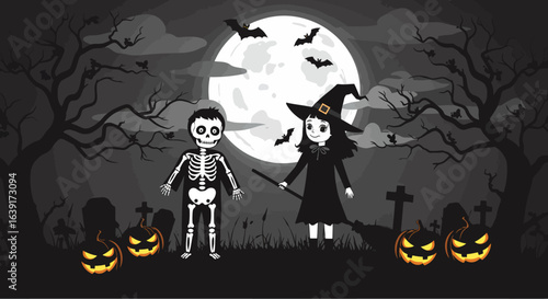 Cartoon Halloween Scene with Skeleton and Witch Characters in a Graveyard