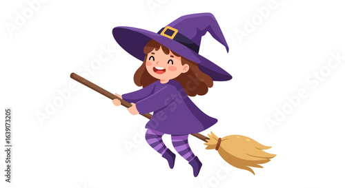 Cartoon Witch Girl Flying on Broomstick with Purple Outfit