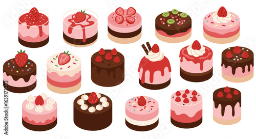 Collection of Isometric Cakes with Strawberries, Chocolate, Kiwi, Cream, and Sprinkles