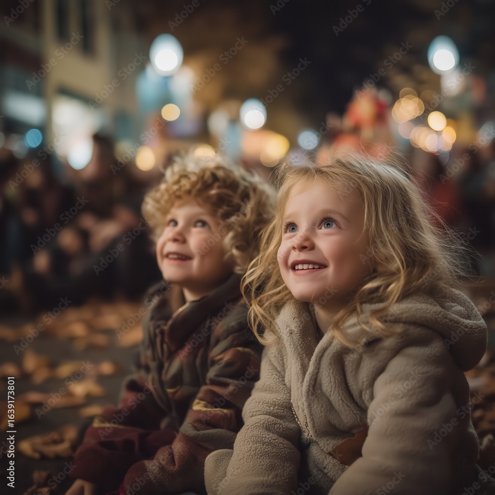 Obraz premium Two children, one with curly hair and the other with straight hair, are joyfully watching a festive outdoor event, surrounded by colorful lights and autumn leaves, capturing the spirit of celebration