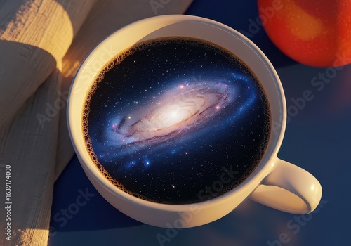 A surreal cup of coffee with a galaxy inside the liquid, symbolizing imagination and creativity, perfect for artistic, cosmic, and beverage-themed photography.