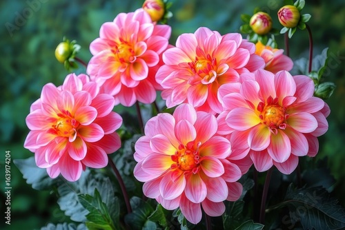 Cluster of vibrant pink and yellow dahlia flowers blooming with lush green leaves and blurred garden background