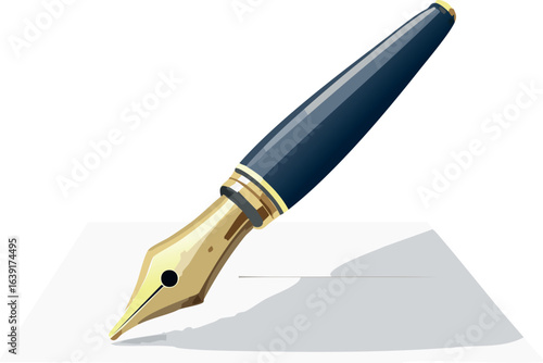 Vector illustration of a gold and black fountain pen on a sheet of paper.