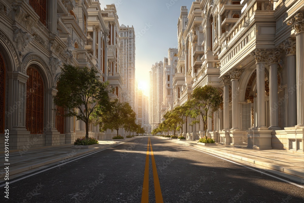 Fototapeta premium Elegant urban road showcasing classical architecture bathed in golden sunlight during early morning hours