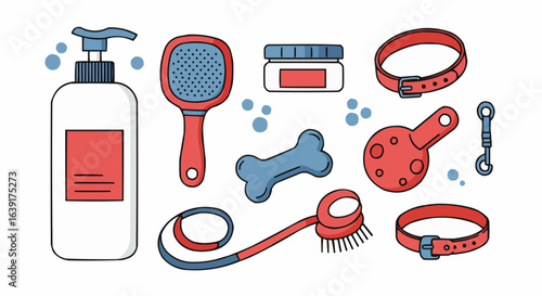 A collection of various pet care products, including a shampoo bottle, brush, bone, and collar, arranged in a neat composition.