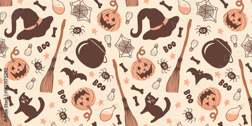 Seamless Halloween Pattern with Witch’s Cauldron, Broomsticks, Pumpkins, Spiders, and Spooky Autumn Elements in Hand-Drawn Style. Retro, Vintage Halloween Background.