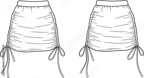 Cad drawing flat vector illustration of ruched mini skirt, side drawstring detail, fashion technical sketch, front and back view.