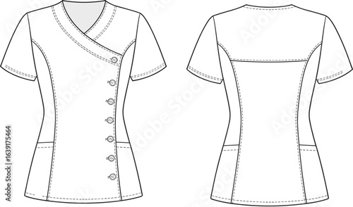 Cad drawing flat vector illustration of modern medical scrub top uniform, women's healthcare workwear design, short sleeve buttoned tunic, stylish nurse shirt pattern