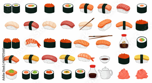 A vibrant assortment of meticulously arranged sushi and sashimi dishes, displaying a variety of textures, and flavors. 