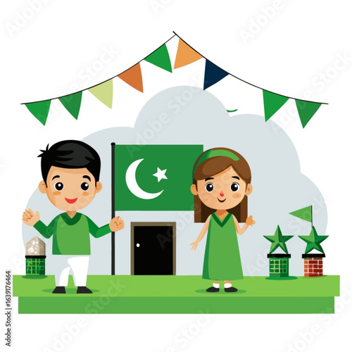 Minimilist illustration of children celebrating pakistan independence day with flag and decorations visible here vector