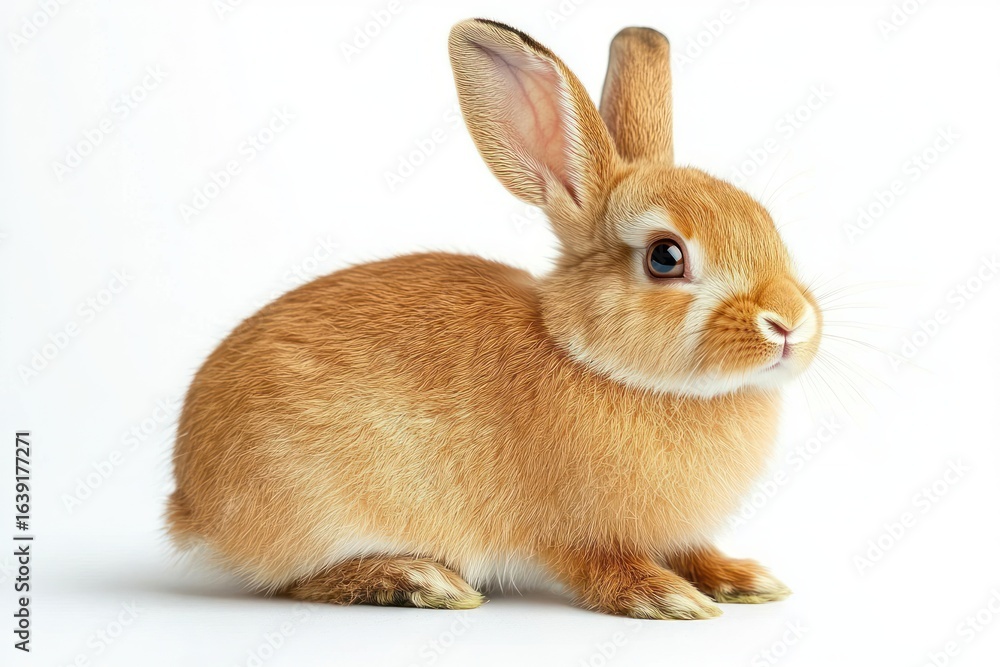 Fototapeta premium Close-up of a small light brown rabbit with soft fur sitting alert against a white background