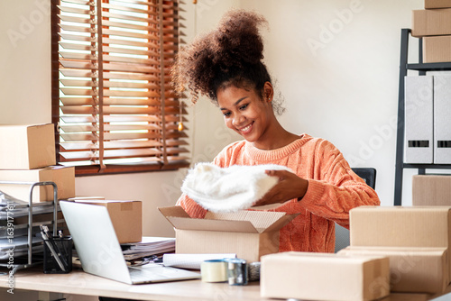 Asian Young Women Packing Order for Online Business at Home Small Business Owner Preparing Parcel Box for Shipping Delivery Service