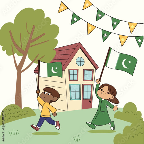 Minimilist children celebrating pakistan independence day with flags near a house and decorative bunting outdoors vector