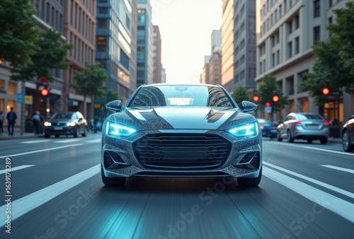 Futuristic car driving fast. A sleek, modern car with glowing headlights and a textured finish speeds down a wide city street, creating a motion blur effect.