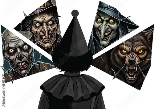 A creepy clown is looking at scary monsters in broken mirrors, a spooky halloween illustration isolated on white background