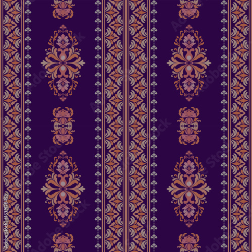 Traditional fabric pattern with floral and ornate decorative design