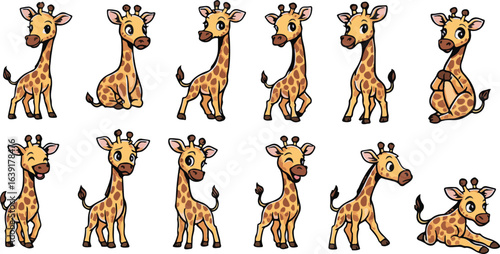 vector illustration of giraffe funny cute cartoon mascot character cartoon with 12 poses 