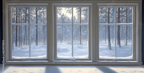 view through large window panes of a serene snow-covered forest with tall trees and soft natural light casting shadows indoors