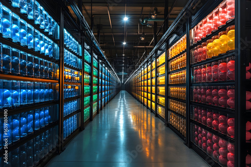 Modern industrial storage facility with colorful shelving for efficient organization