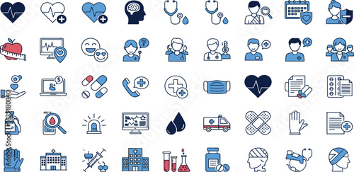 Healthcare icon set. Containing medical, health, treatment, prevention, diagnosis, report, illness, injury and more