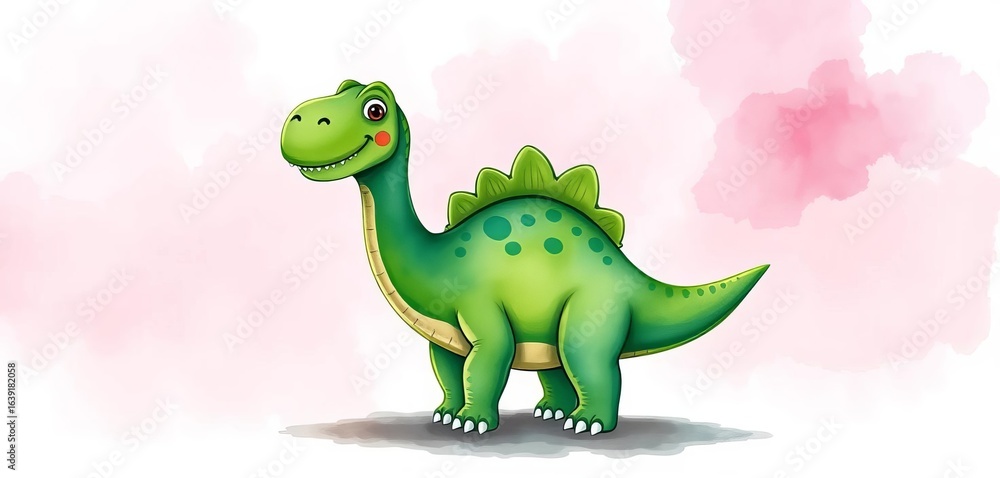 Obraz premium Happy green dinosaur watercolor, friendly cartoon dino, adorable prehistoric creature, artwork, lovely