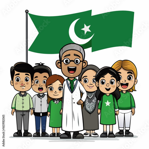Minimilist cartoon depiction of a group of people standing in front of a green flag with a crescent and star vector