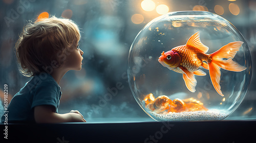 Cartoon child watching goldfish in bowl with fascination 