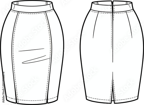 Pencil skirt technical flat, front and back view, dart detail, high waist, fitted silhouette, fashion CAD vector illustration, clothing design