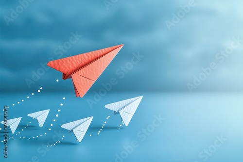 red paper airplane flying higher than white paper airplanes on a blue background symbolizing leadership and standing out