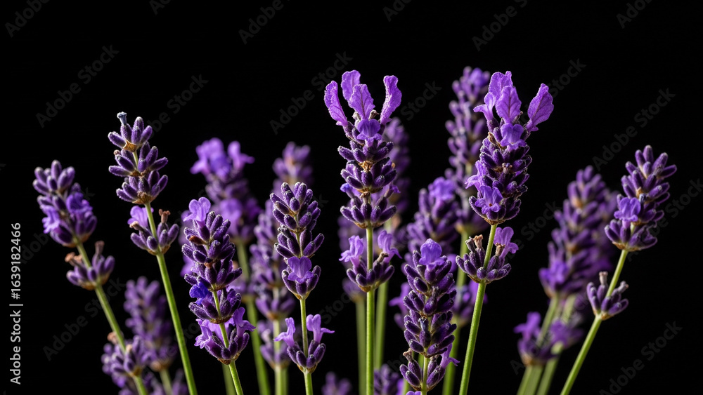 Obraz premium Exquisite Purple Lavender Blooms with Velvety Texture on a Deep Black Background