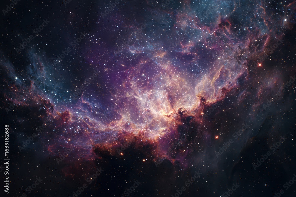 Obraz premium Cosmic nebula displays a vivid dance of stars and gas in vibrant hues across the dark expanse of the universe