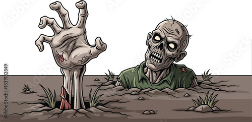 A scary zombie hand rising from the ground, a spooky halloween illustration isolated on white background, cartoon style