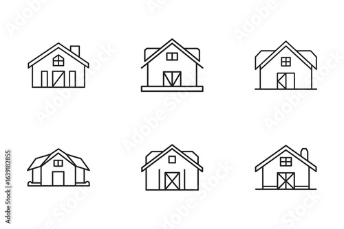 Set of Six Unique House Icon Vector Illustrations in Minimalist Line Art Style with Gable Roofs and Varied Door Designs