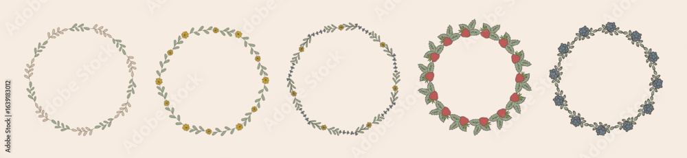 Hand drawn botanical wreath frames with leaves, flowers, berries. Rustic floral circle borders for invitations, cards, logos, scrapbooking, vintage decor. Hand drawn botanical wreath frames with leaves, flowers, berries. Rustic floral circle borders for invitations, cards, logos, scrapbooking, vintage decor.
