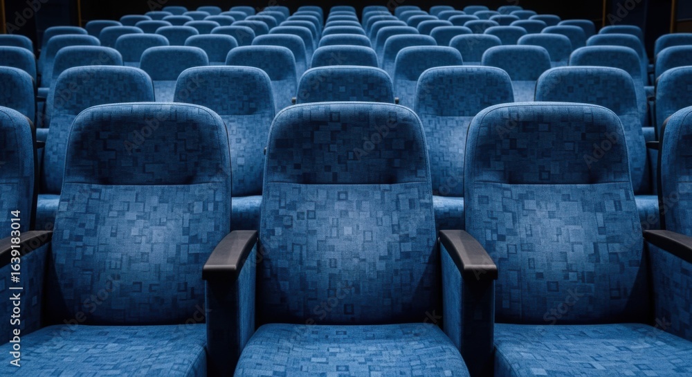 Obraz premium Close-up of rows of blue theater seats, waiting for the audience.