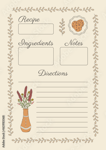 Vintage recipe card template with leaf border, hand drawn cookies and rustic vase illustration. Printable kitchen card for writing recipes, ingredients, directions, and notes in cozy retro style.