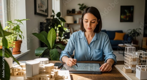 Focused architect working on building design plans using a digital tablet in a bright home office.