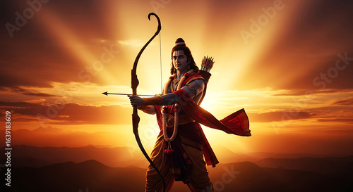 Lord Rama aiming bow and arrow at sunset Hindu god