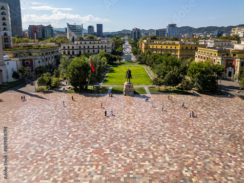 Aerial drone view of the massive statue at Skanderbeg Square in Tirana, the capital of Albania