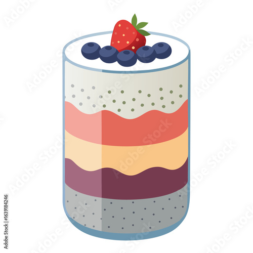 Layered chia pudding with berries on white background