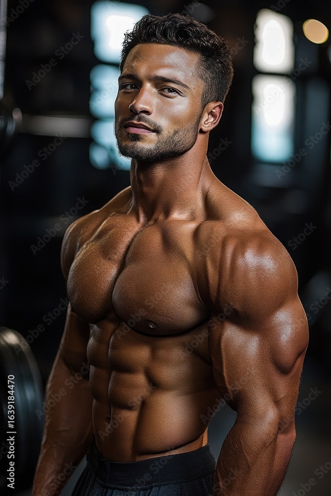 Fototapeta premium muscular man with defined abs and broad shoulders posing confidently in a dimly lit gym environment
