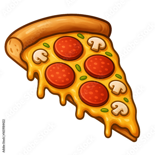 Cheesy pepperoni pizza slice with mushrooms and herbs, dripping with melted golden cheese, cartoon style illustration, vibrant colors, kawaii-inspired food art isolated PNG with transparent background